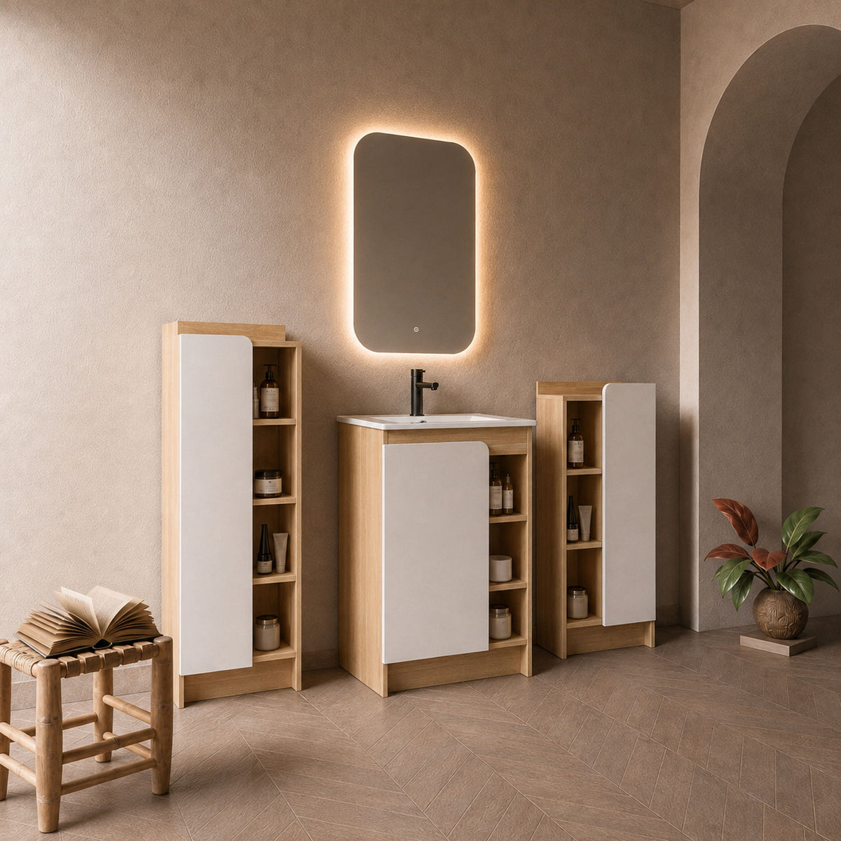 24" Bathroom Vanity With Sink &amp; Tall And Low Side Cabinets, Vanity Set With Thin Edge Sink &amp; Interchangeable Door Panels, 3 Piece Bathroom Storage Set - Black / Light Oak / White