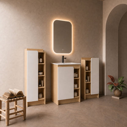 24" Bathroom Vanity With Sink &amp; Tall And Low Side Cabinets, Vanity Set With Thin Edge Sink &amp; Interchangeable Door Panels, 3 Piece Bathroom Storage Set - Black / Light Oak / White