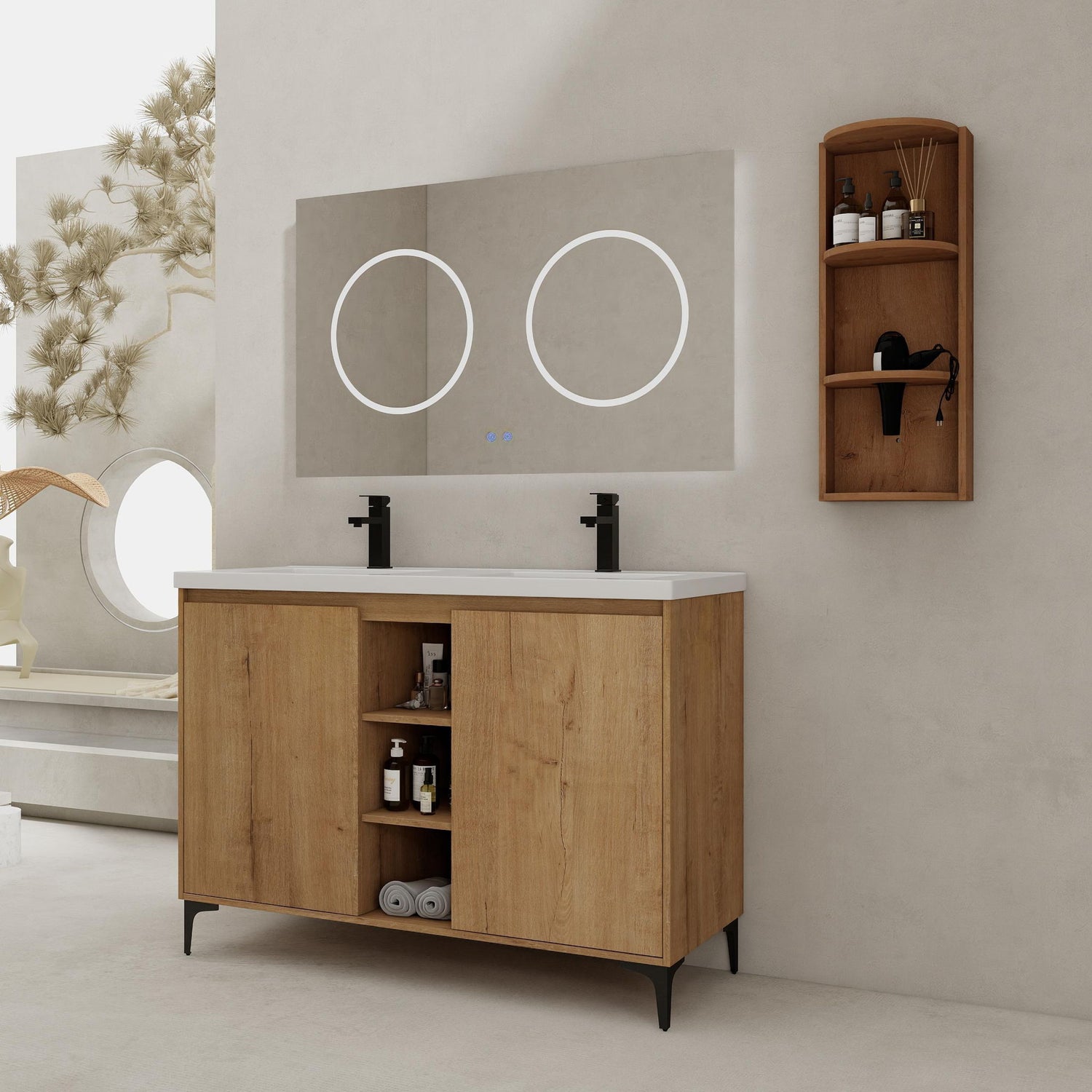 Elegant 48&quot; Freestanding Bathroom Vanity With Double Resin Sink And Storage Rack Soft Close Doors - Imitative Oak