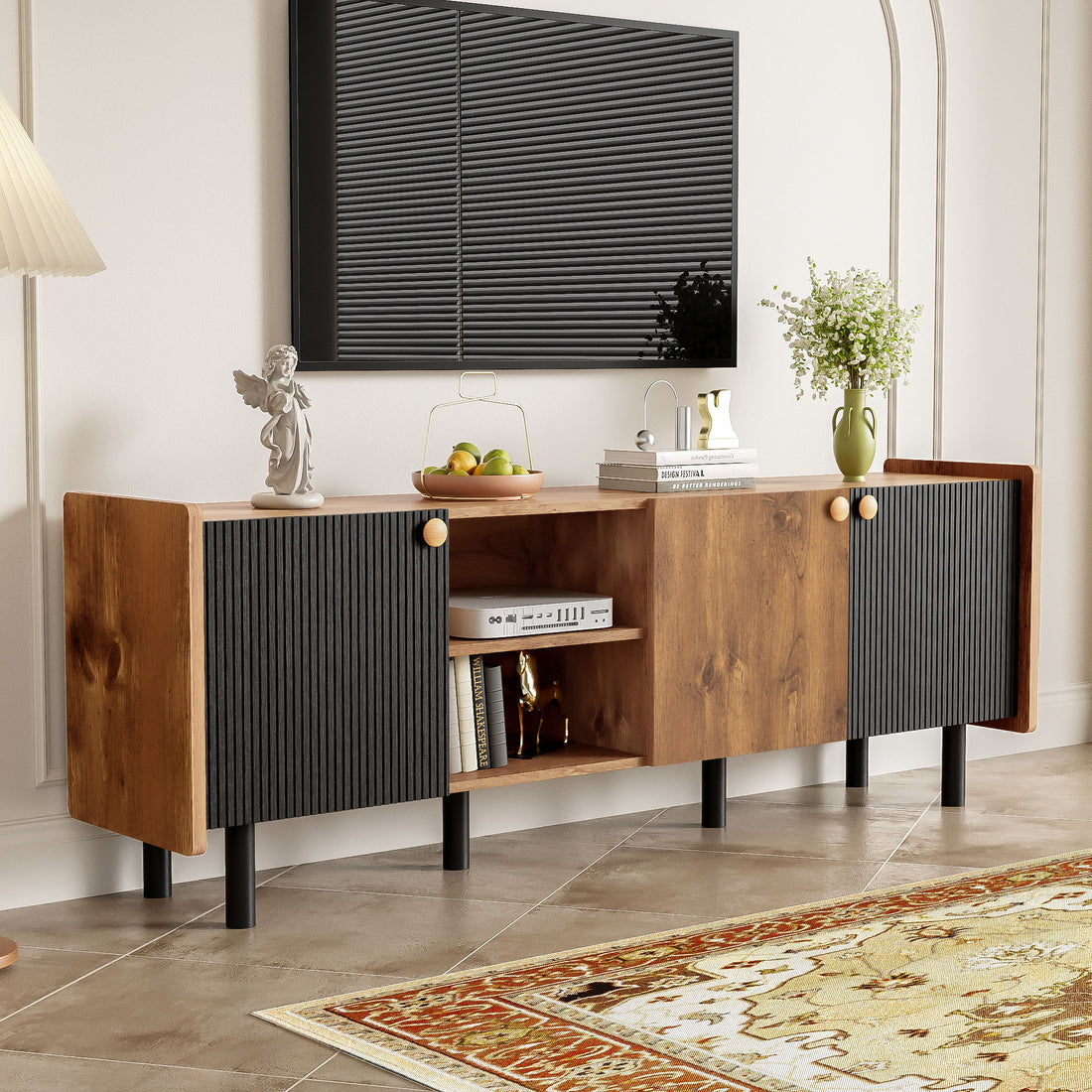 Mid Century TV Stand &amp; 3 Cabinets, Media Console Table For Tvs Up To 70&