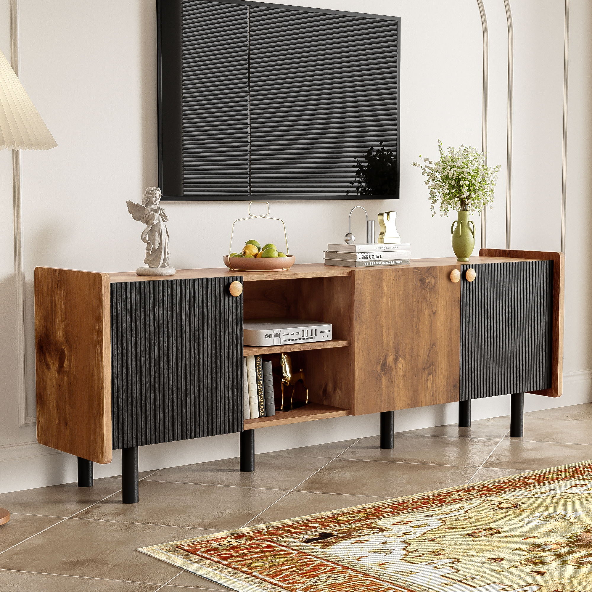 Mid Century TV Stand &amp; 3 Cabinets, Media Console Table For Tvs Up To 70&