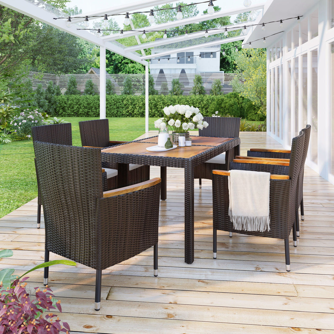 7 Piece Outdoor Patio Dining Set, Garden Wicker Dining Table And Chairs Set, Acacia Wood Tabletop, Stackable Armrest Chairs With Cushions - Brown