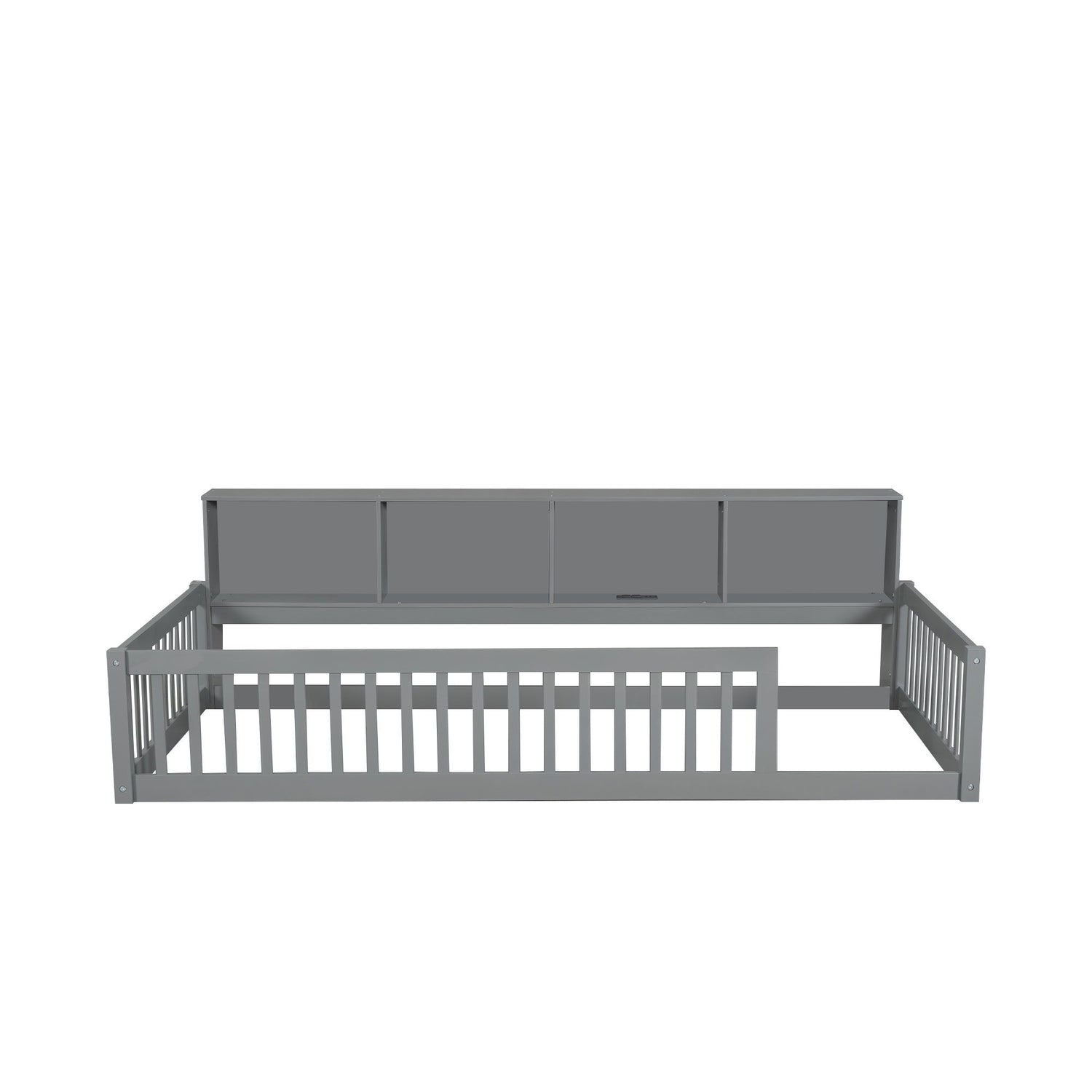 Twin Long Floor Bed With Storage Cabinets And USB Ports - Gray