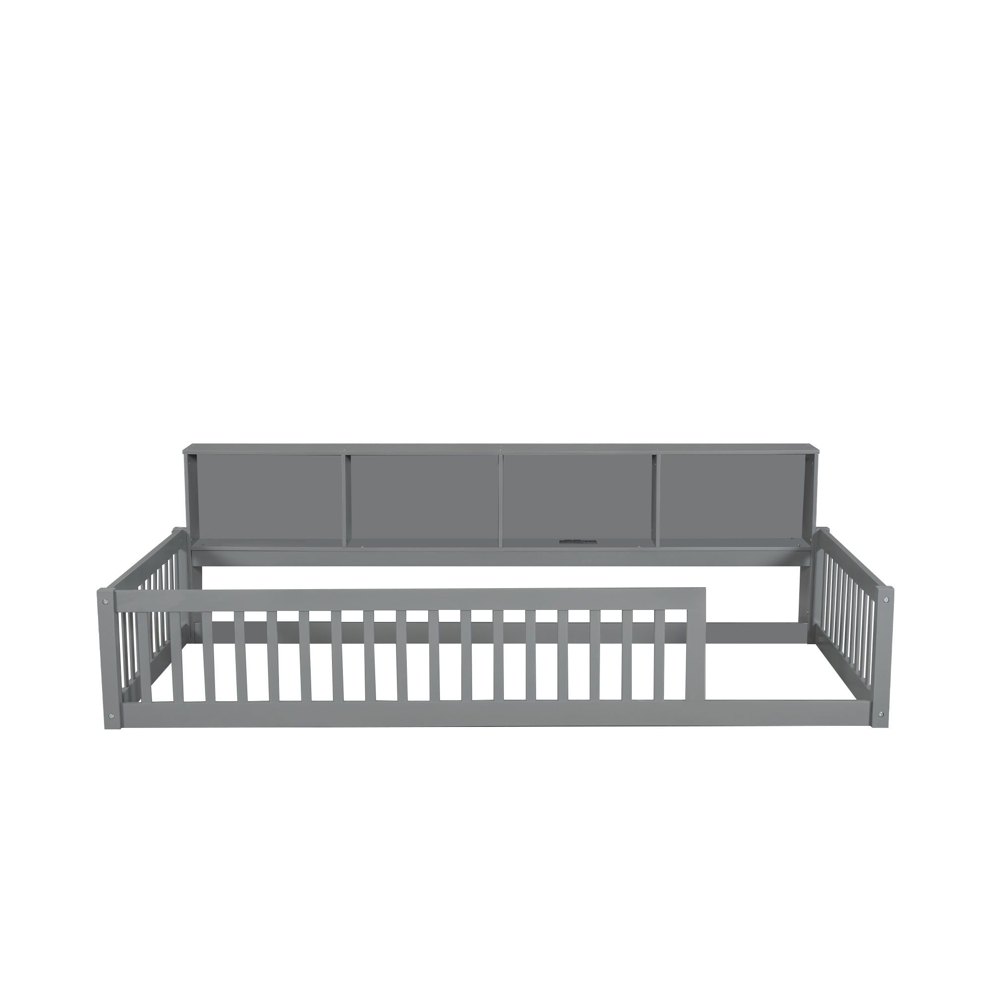 Twin Long Floor Bed With Storage Cabinets And USB Ports - Gray