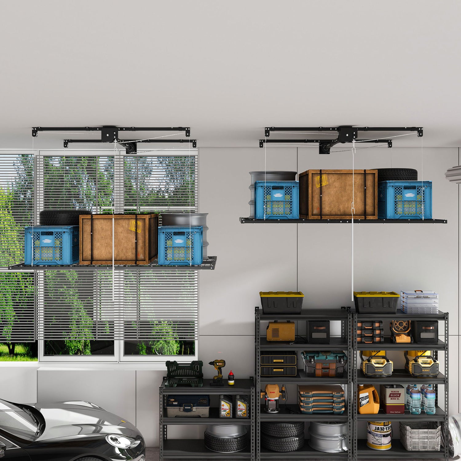 Overhead Garage Storage Rack For High Ceilings &amp; Safety Lock - Black