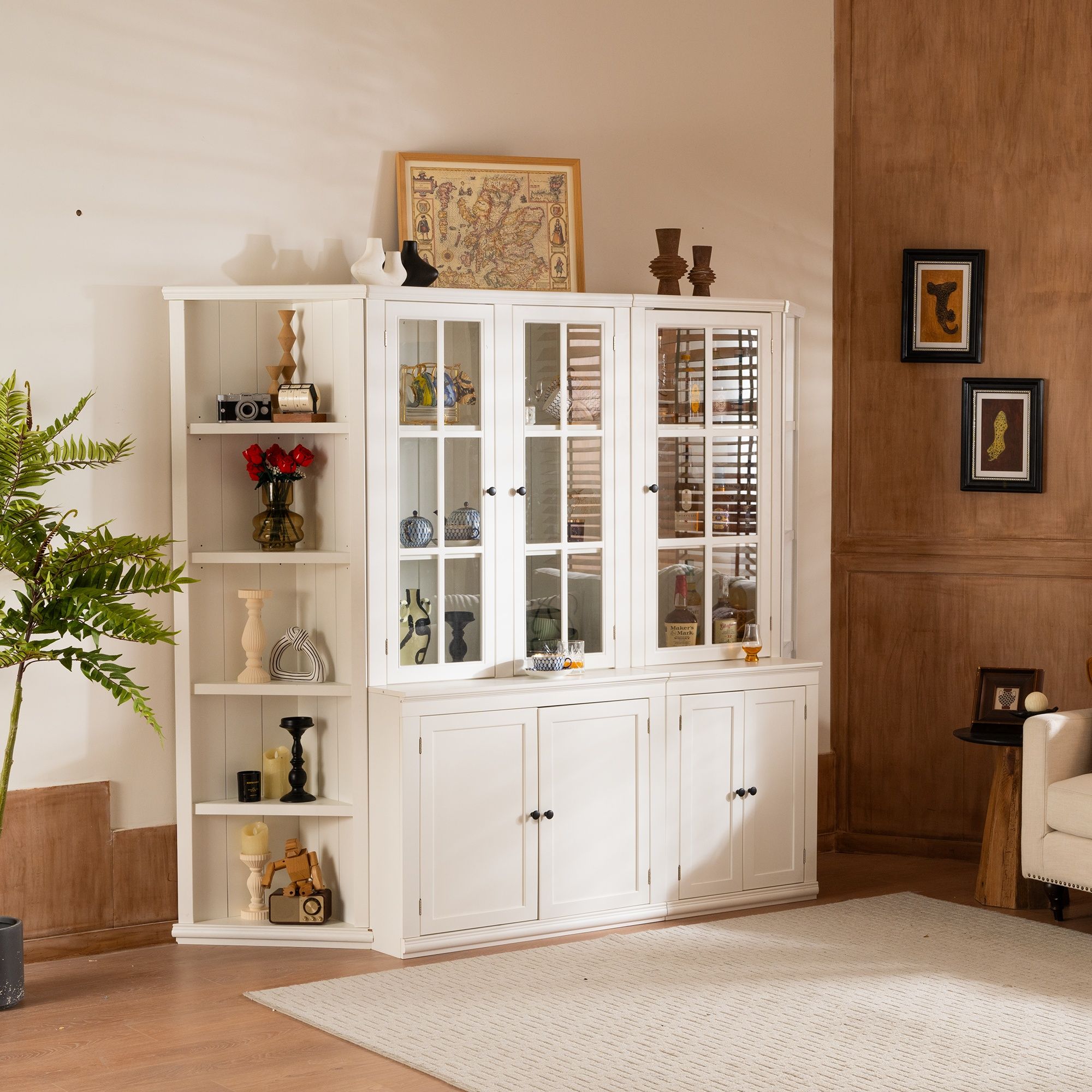 Retro Style Wall Suit With Glass Doors, 75.25&quot; Tall Display Cabinets &amp; Triangle Sided Bookshelves - White