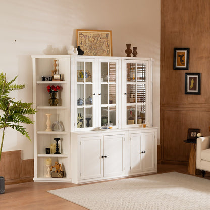 Retro Style Wall Suit With Glass Doors, 75.25&quot; Tall Display Cabinets &amp; Triangle Sided Bookshelves - White