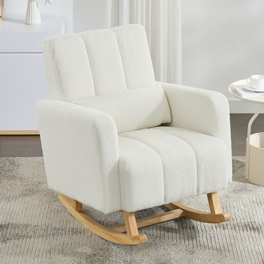 Accent Rocking Chair With Pillow, Spacious &amp; Comfortable Seating For Living Room Or Bedroom - Cream White