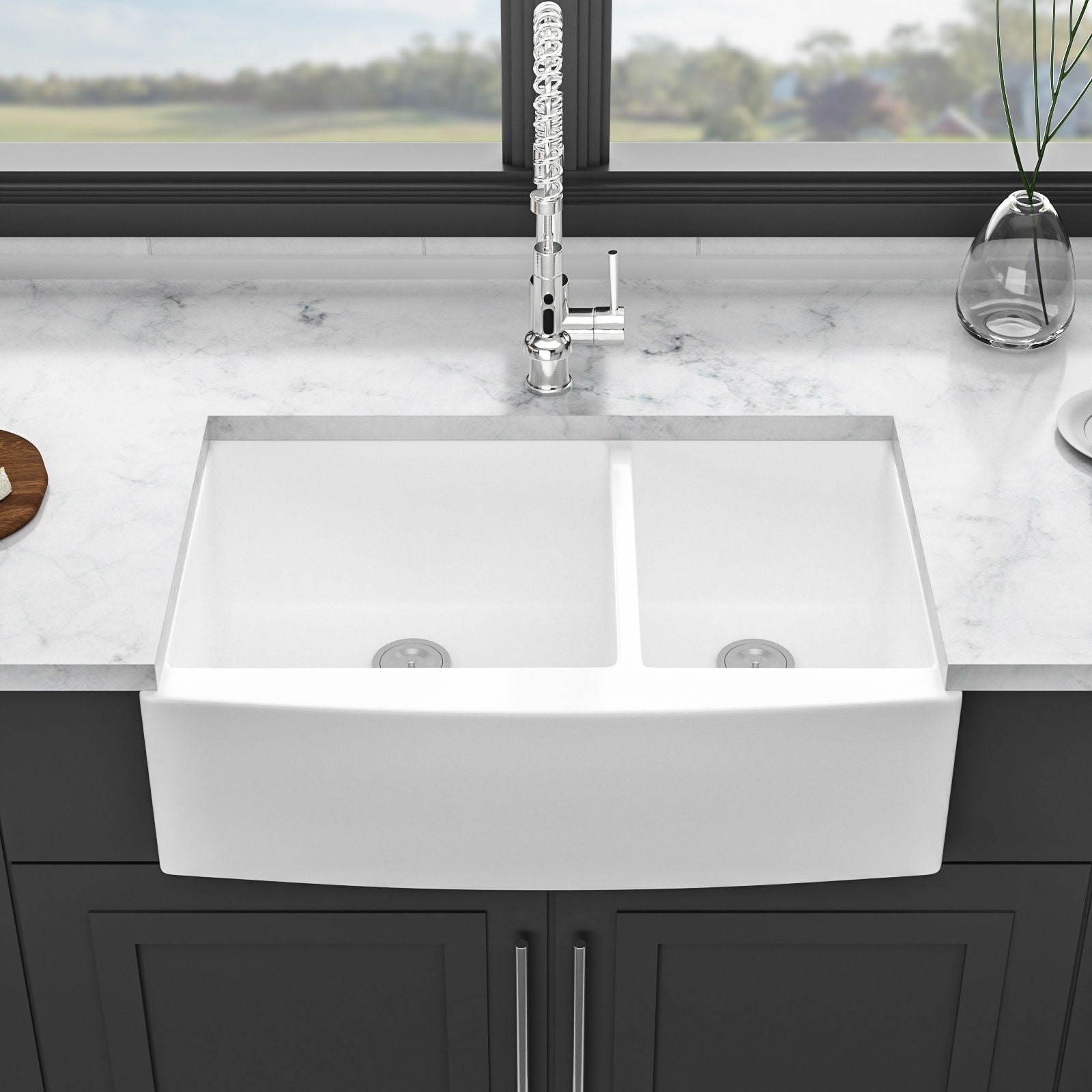 Sink 33&quot; Double Bowl 60 / 40 Kitchen Sink With Deep Basin And Grids - White