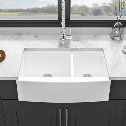 Sink 33&quot; Double Bowl 60 / 40 Kitchen Sink With Deep Basin And Grids - White
