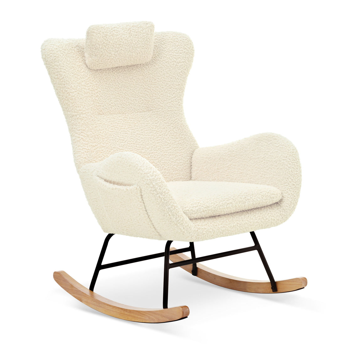 Rocking Chair Nursery, Teddy Upholstered Rocker Glider Chair With High Backrest, Adjustable Headrest &amp; Pocket, Comfy Glider Chair For Nursery, Bedroom, Living Room, Offices, Rubber Wood