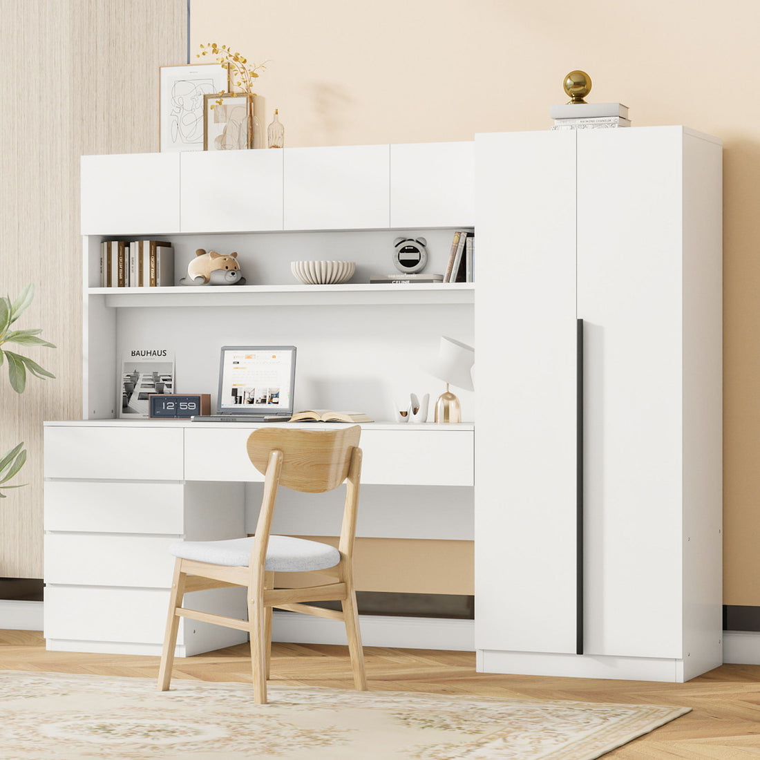 2 Door Storage Desk Wardrobe For Bedroom With Shelves And Drawers