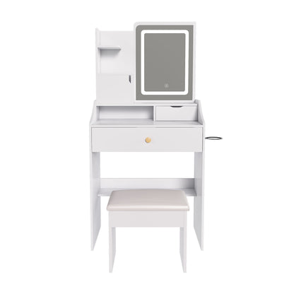 LED Vanity Mirror With Stool, 2 Drawers &amp; 5 Storage Cabinets, Adjustable Lighting Mdf Dressing Table For Bedroom - White