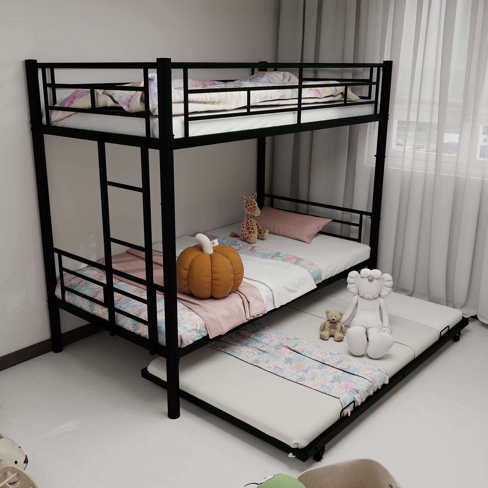 Metal Bunk Bed For Kids, Convertible Bedframe With Ladders &amp; Guardrail