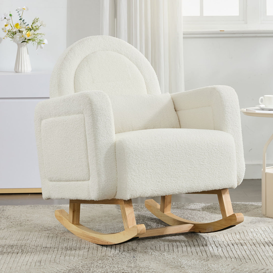 Accent Rocking Chair With Curved Back &amp; Pillow, Base, Ultimate Comfort For Living Room Or Nursery - Cream White