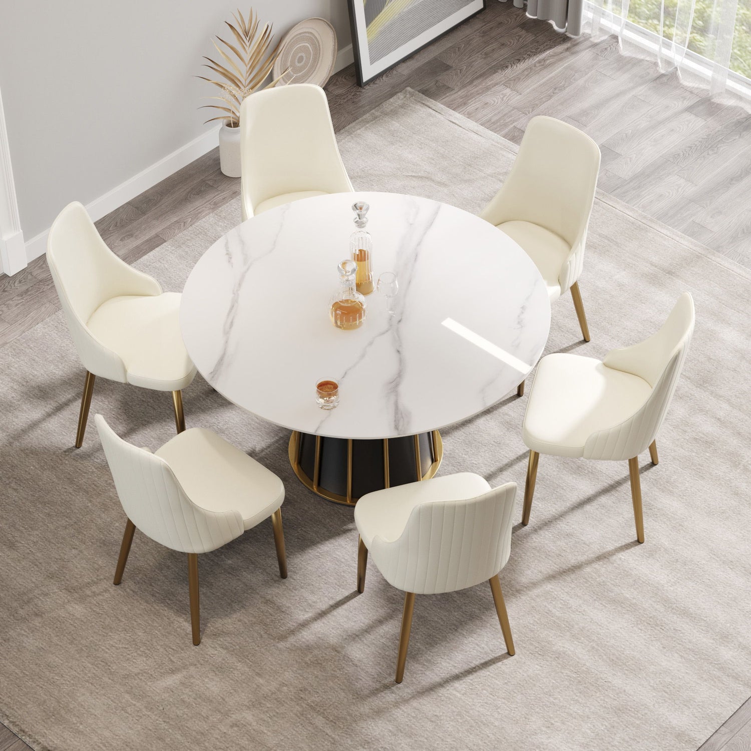 53.15&quot; Modern Artificial Stone Round Panel Metal Iron Base Dining Table, Can Accommodate 6 People, (Not Including Chairs) - White / Black