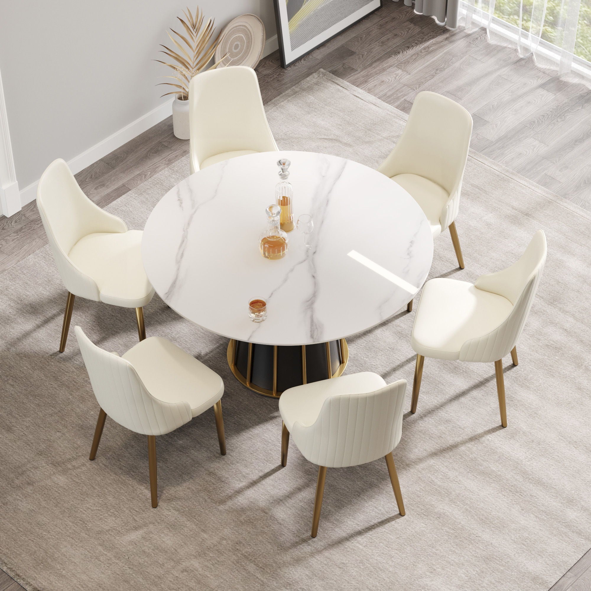 53.15&quot; Modern Artificial Stone Round Panel Metal Iron Base Dining Table, Can Accommodate 6 People, (Not Including Chairs) - White / Black