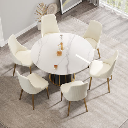 53.15&quot; Modern Artificial Stone Round Panel Metal Iron Base Dining Table, Can Accommodate 6 People, (Not Including Chairs) - White / Black