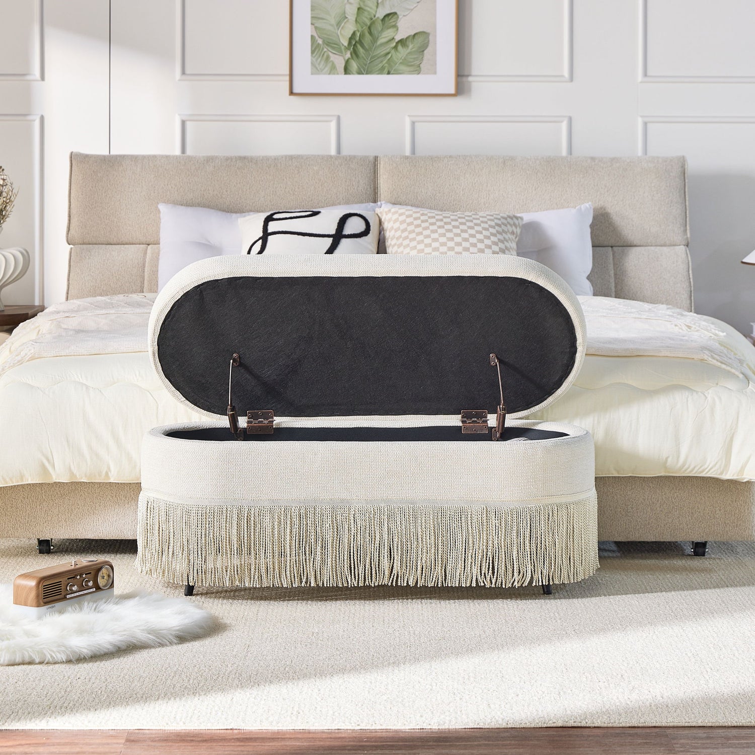 Oval Upholstered Storage Ottoman With Fringe Trim &amp; Lift Top Lid