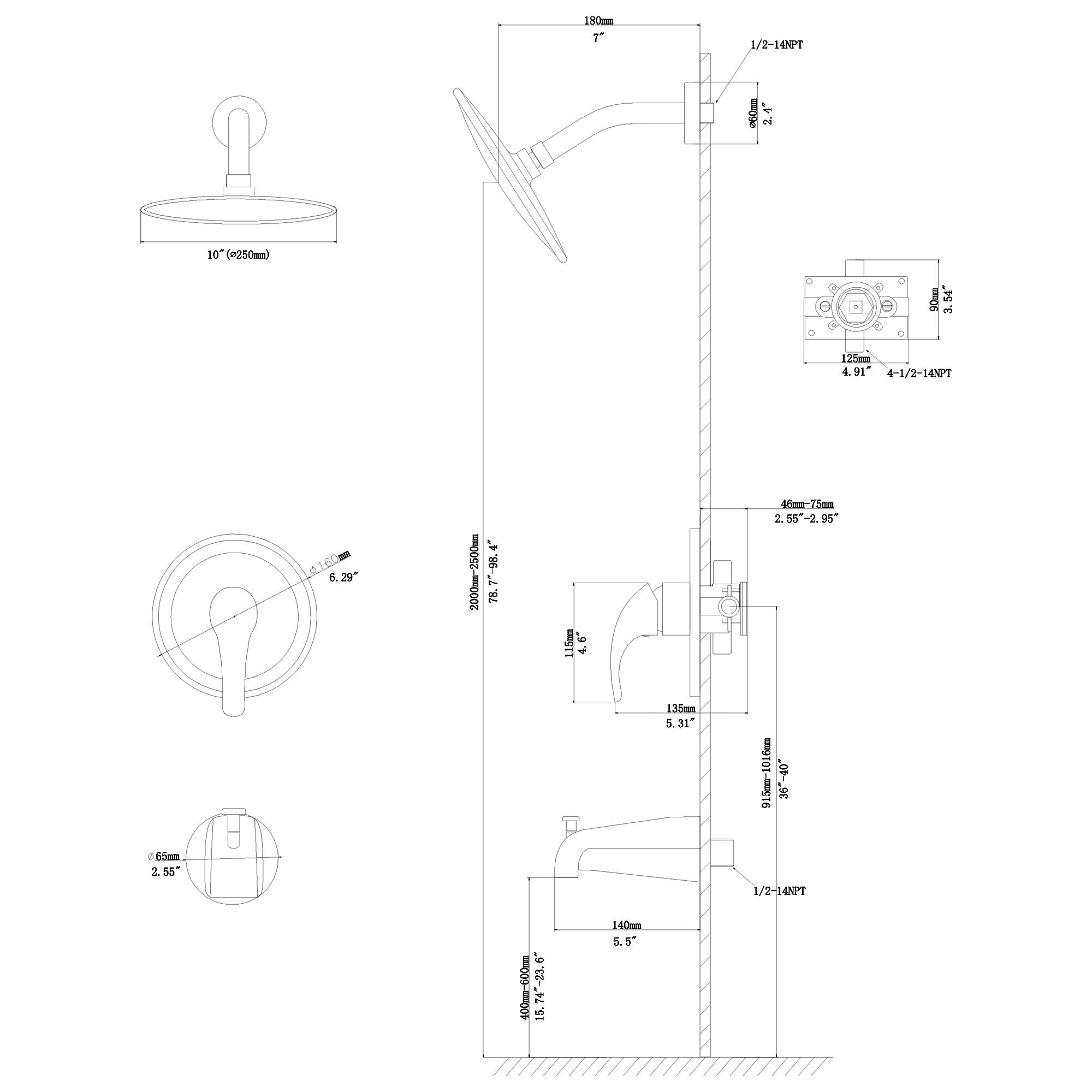 10&quot; Round Rain Shower Head System With Waterfall Tub Spout, Wall Mounted, Stainless Steel