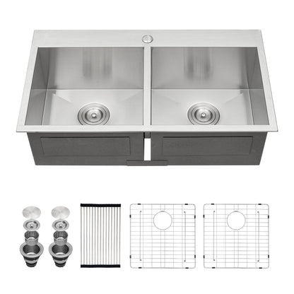 Double Bowl Drop In Sink, Stainless Steel With 50 / 50 Basins 18 Gauge - Brushed Nickel