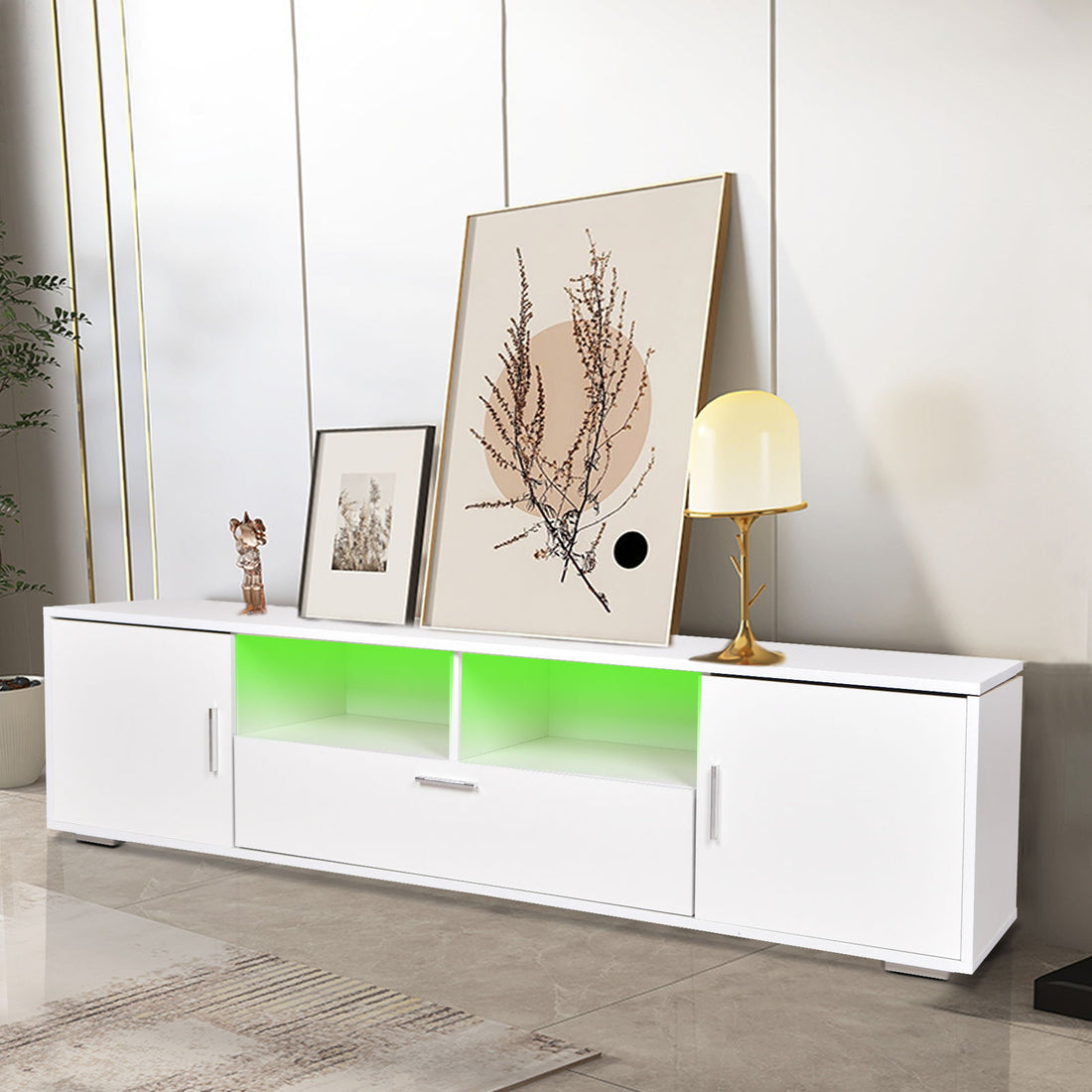 Modern TV Stand With LED Lights Entertainment Center TV Cabinet With Storage For Up To 75&quot; For Gaming Living Room Bedroom - White
