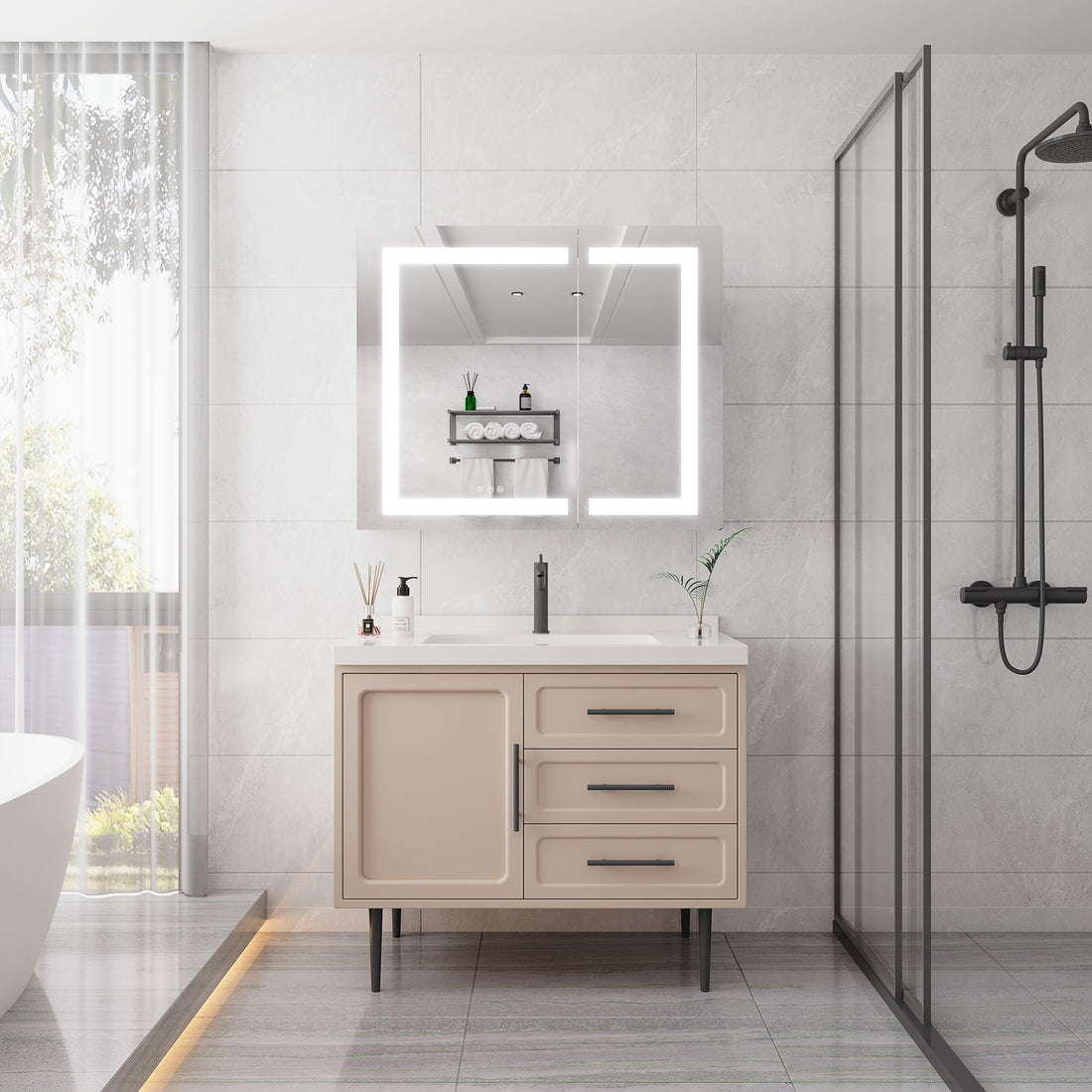 36&quot; X 30&quot; Medicine Cabinet With LED Vanity Mirror, Anti-Fog Recessed Or Surface Mount Bathroom Double Door Large Storage 3000K~6000K Bright Lighted Aluminum Storage Cabinet With Touch Switch - Silver