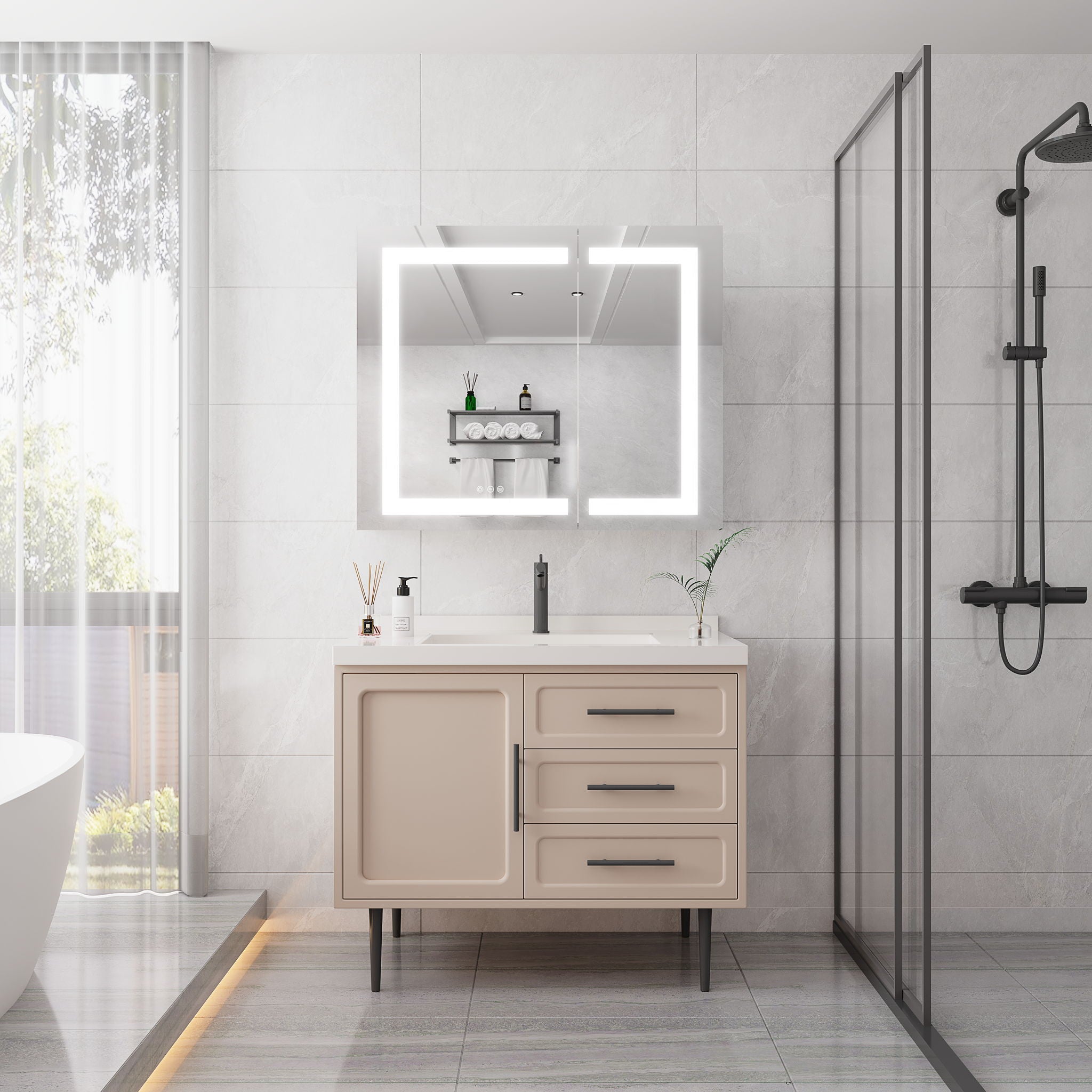 36&quot; X 30&quot; Medicine Cabinet With LED Vanity Mirror, Anti-Fog Recessed Or Surface Mount Bathroom Double Door Large Storage 3000K~6000K Bright Lighted Aluminum Storage Cabinet With Touch Switch - Silver