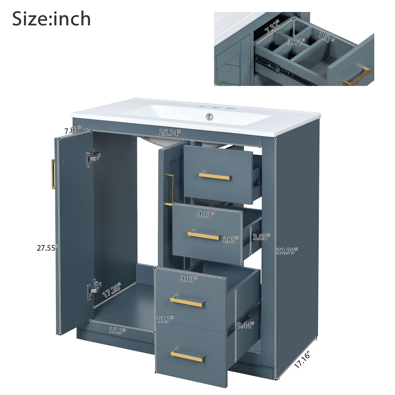 Bathroom Vanity With Sink, Storage Cabinet, Freestanding Set With 3 Drawers &amp; Soft Closing Doors