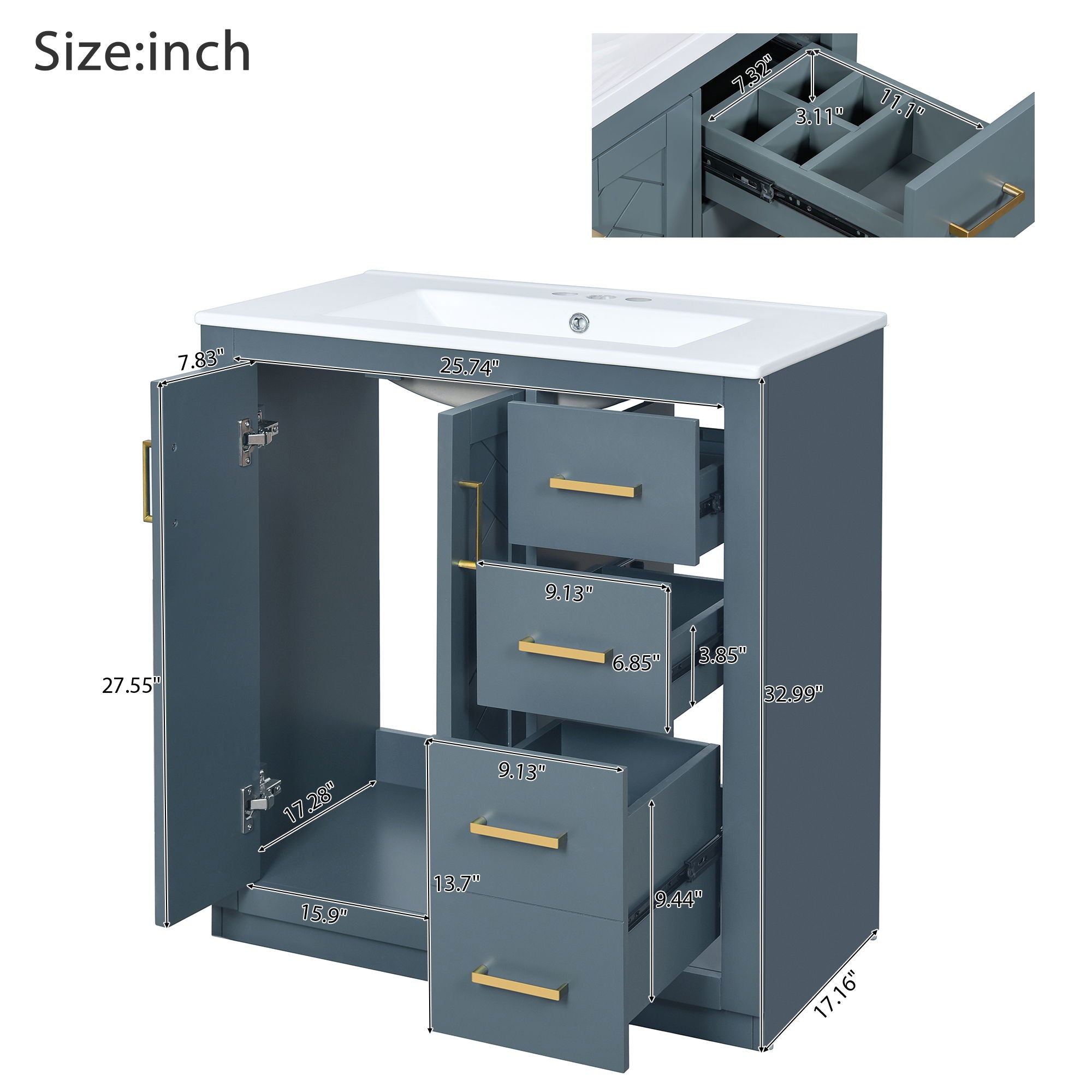 Bathroom Vanity With Sink, Storage Cabinet, Freestanding Set With 3 Drawers &amp; Soft Closing Doors