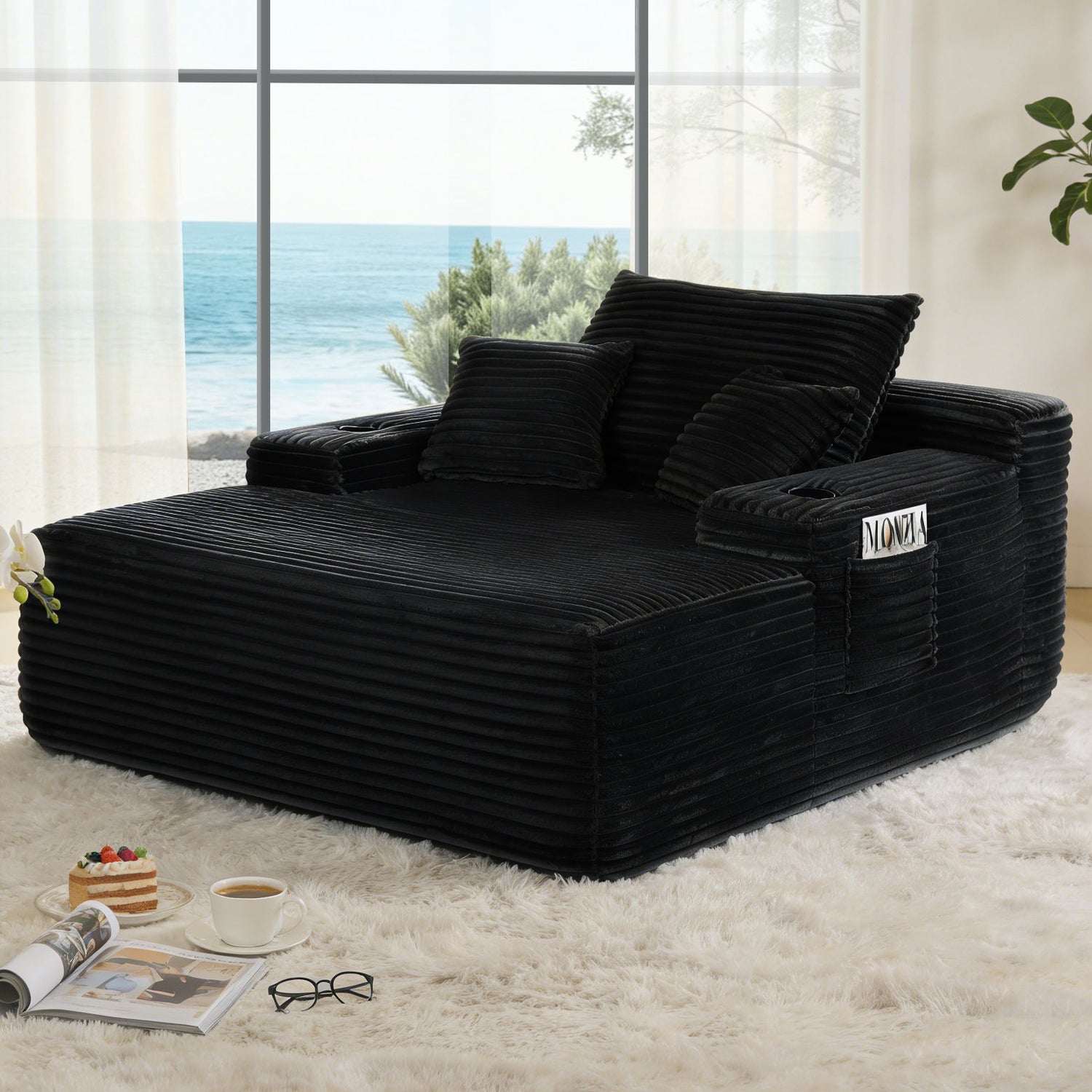 Convertible Chaise Lounge Chair &amp; Wide Armrest &amp; Throw Pillows - Black