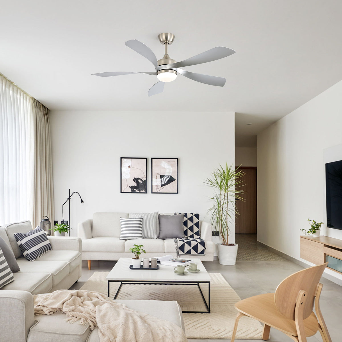 52" Ceiling Fan With Light Featuring 5 Blades Dimmable LED And Memory Function - Nickel