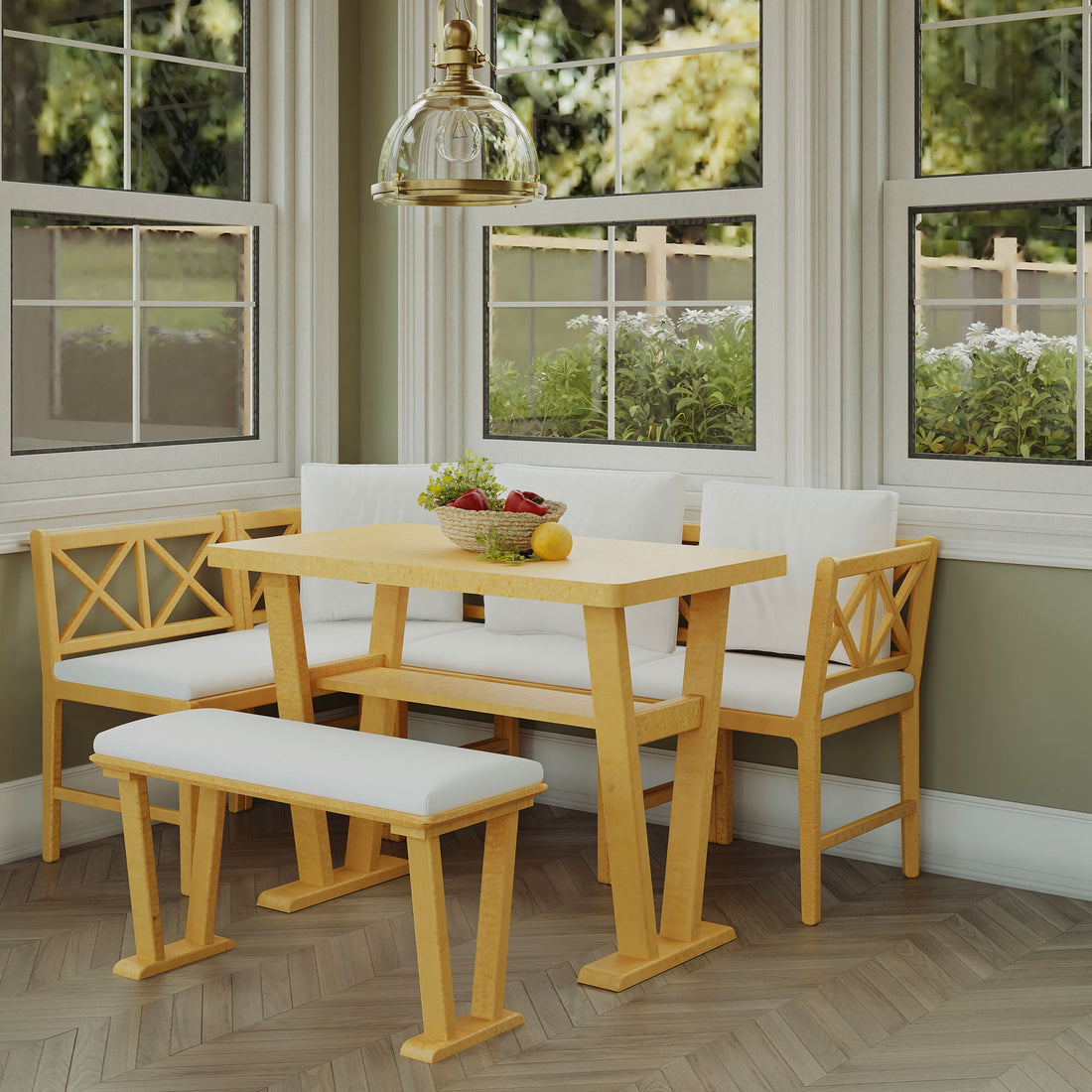 Farmhouse Solid Wood Dining Nook Set For 6, Space Saving High Top Corner Table With Bench &amp; Chairs - Natural / White