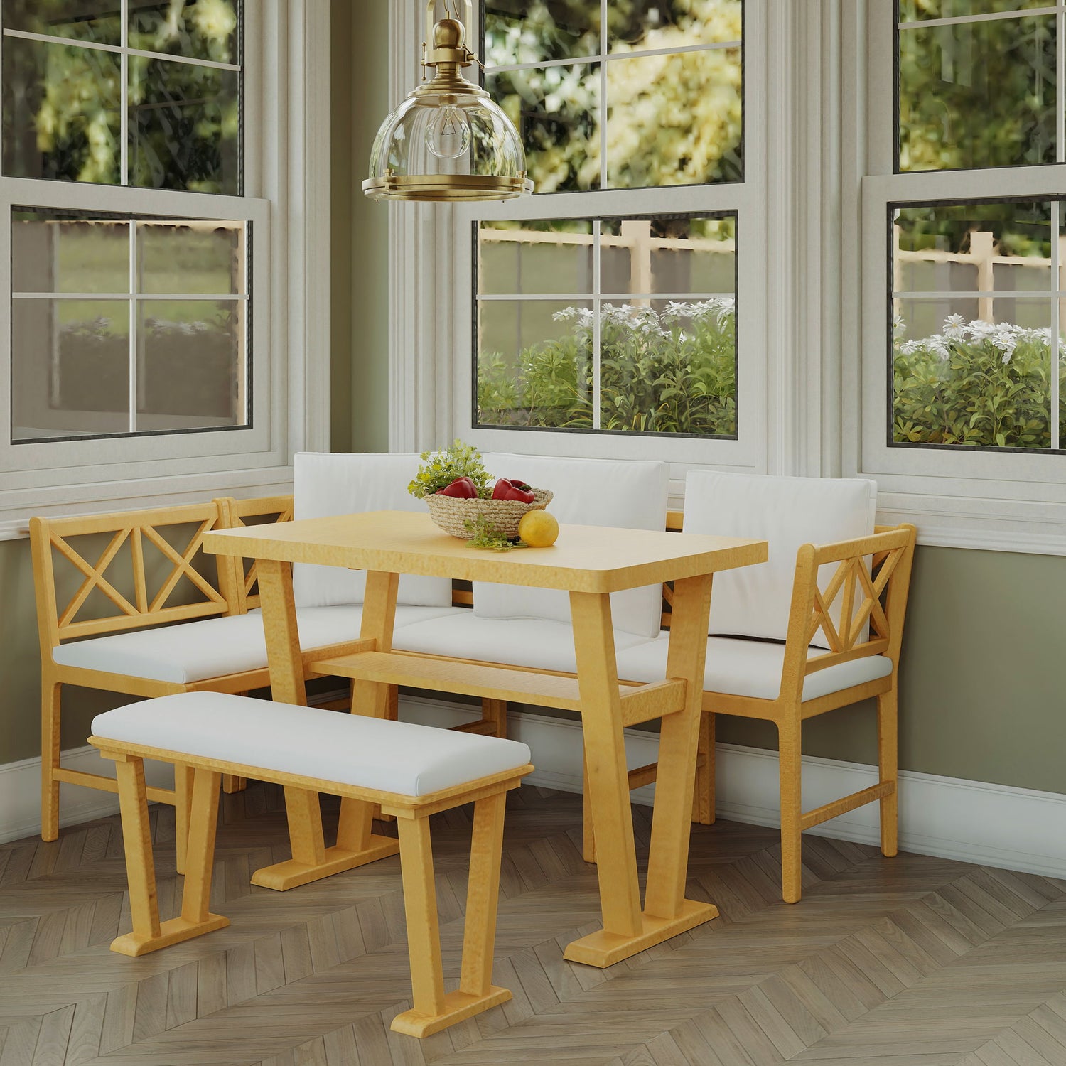 Farmhouse Solid Wood Dining Nook Set For 6, Space Saving High Top Corner Table With Bench &amp; Chairs - Natural / White