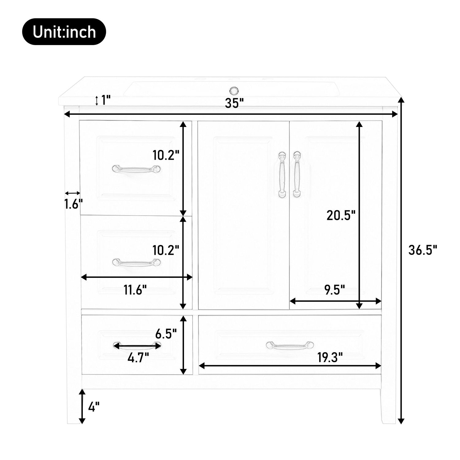 Bathroom Vanity With Sink, Soft Closing Doors &amp; Drawers, Metal Handles