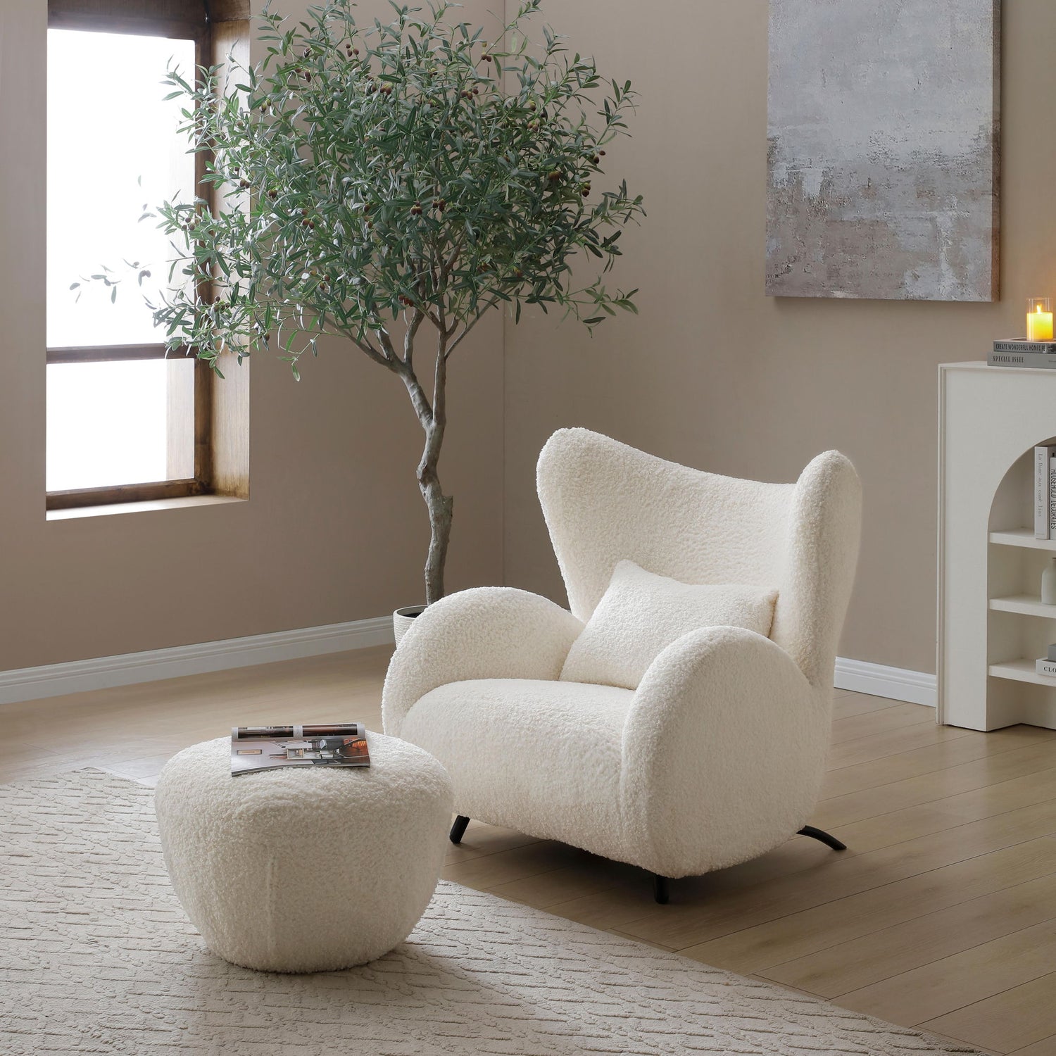 Wingback Armchair &amp; Ottoman Combo For Living Room - White