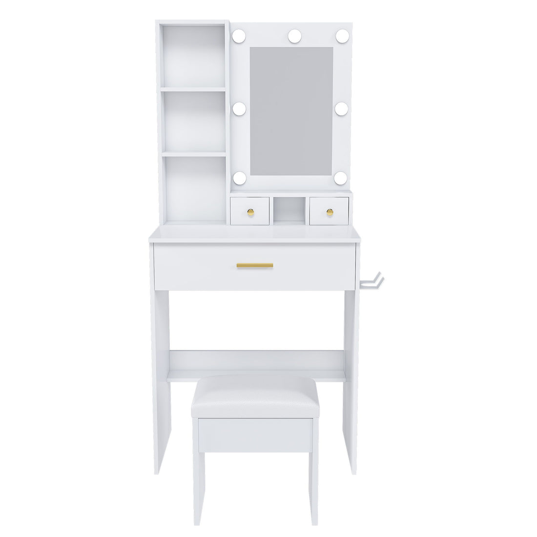 Vanity Table With Mirror, Adjustable LED Lights, Power Outlet, Hairdryer Holder & Stool