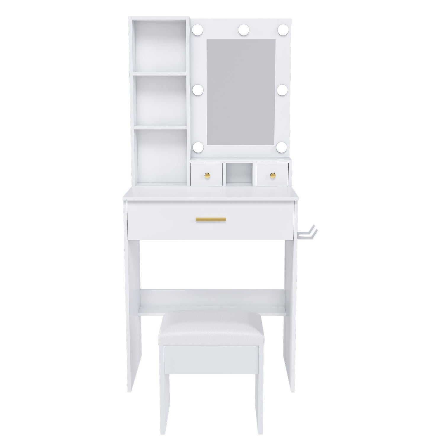 Vanity Table With Mirror, Adjustable LED Lights, Power Outlet, Hairdryer Holder &amp; Stool