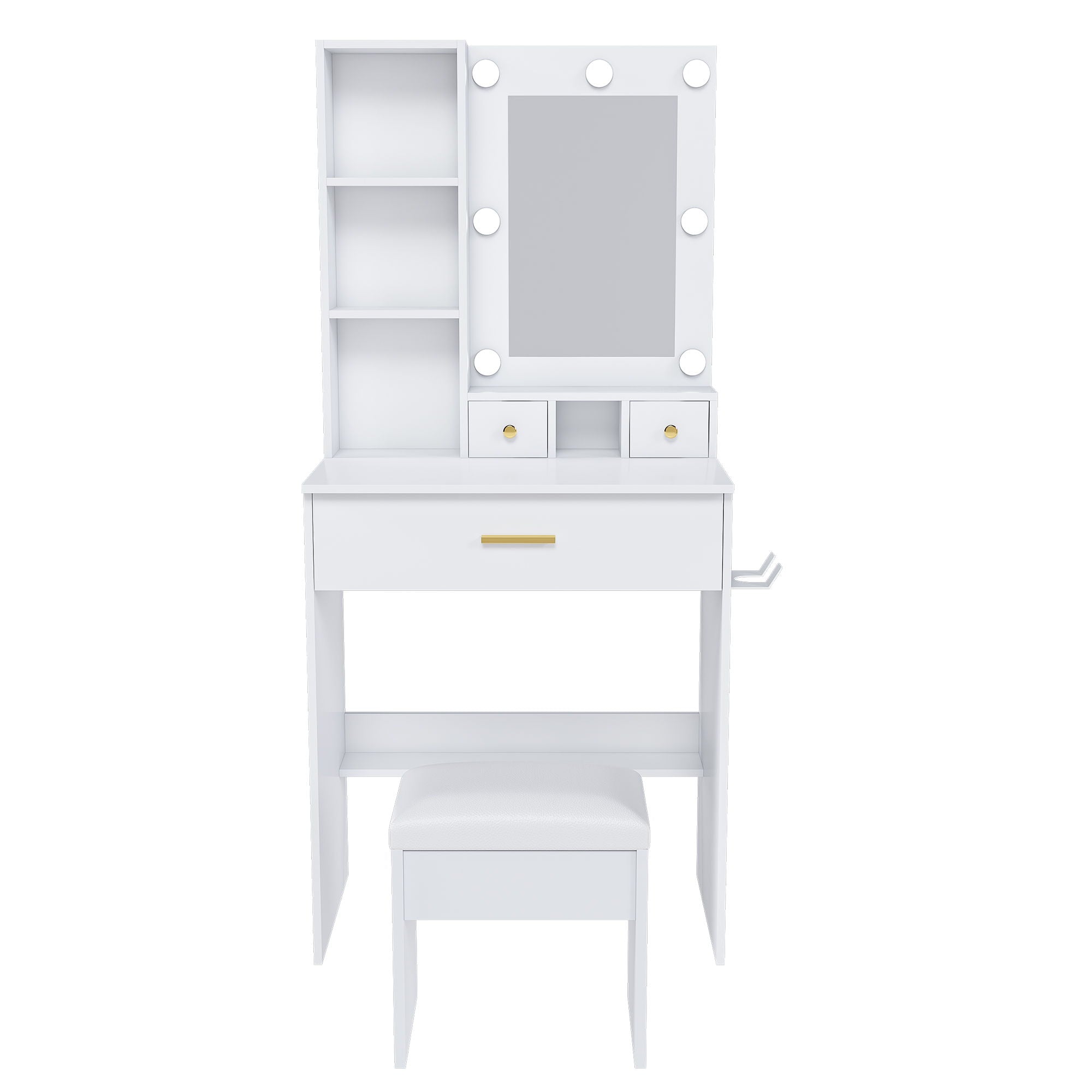 Vanity Table With Mirror, Adjustable LED Lights, Power Outlet, Hairdryer Holder &amp; Stool