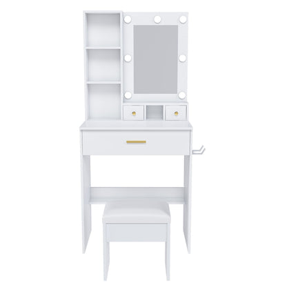 Vanity Table With Mirror, Adjustable LED Lights, Power Outlet, Hairdryer Holder &amp; Stool