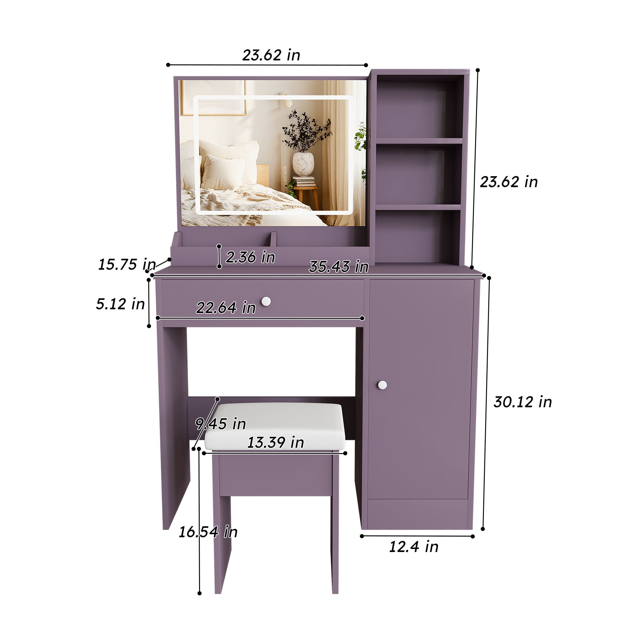 Vanity Desk Set With Padded Stool &amp; Adjustable LED Mirror, 3 Color Mode Lighting, Compact For Bedroom - Purple
