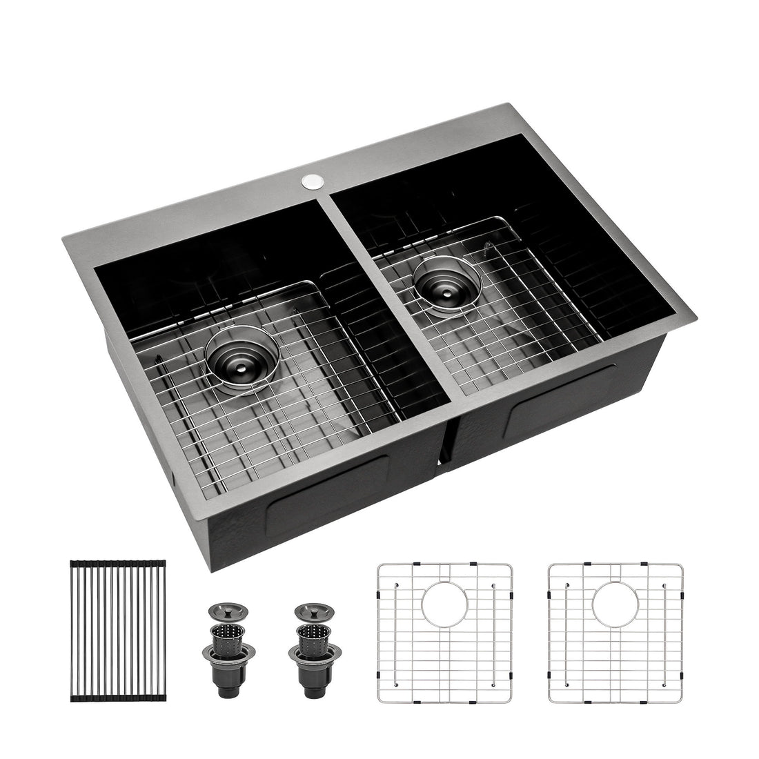 Double Bowl Drop In Kitchen Sink, 16 Gauge Stainless Steel With 2 9&quot; Deep Basins - Gunmetal Black