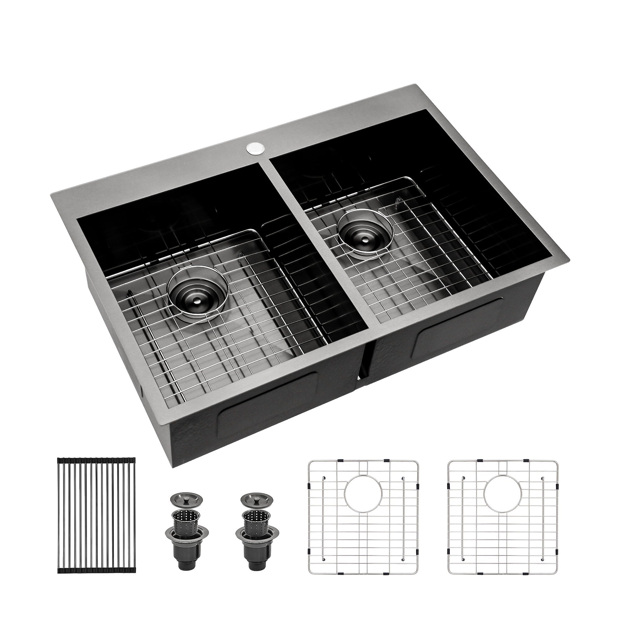 Double Bowl Drop In Kitchen Sink, 16 Gauge Stainless Steel With 2 9&quot; Deep Basins - Gunmetal Black