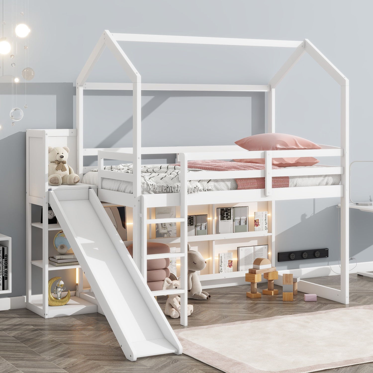 House Loft Bed With Slide, Storage Shelves And Light, Climbing Ramp