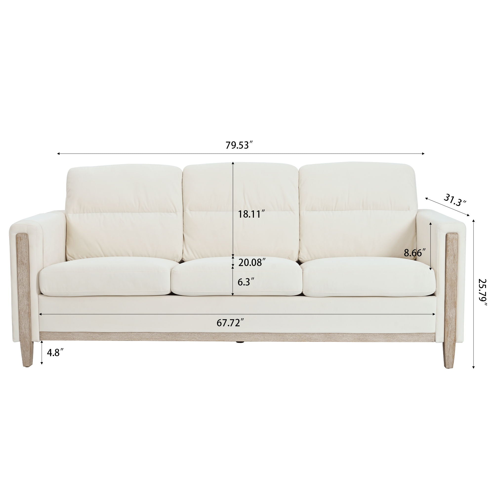 Comfortable Solid Wood Three-Seater Sofa, Soft Cushions, Durable And Long-Lasting, 79.5&quot; Sofa Couch For Living Room