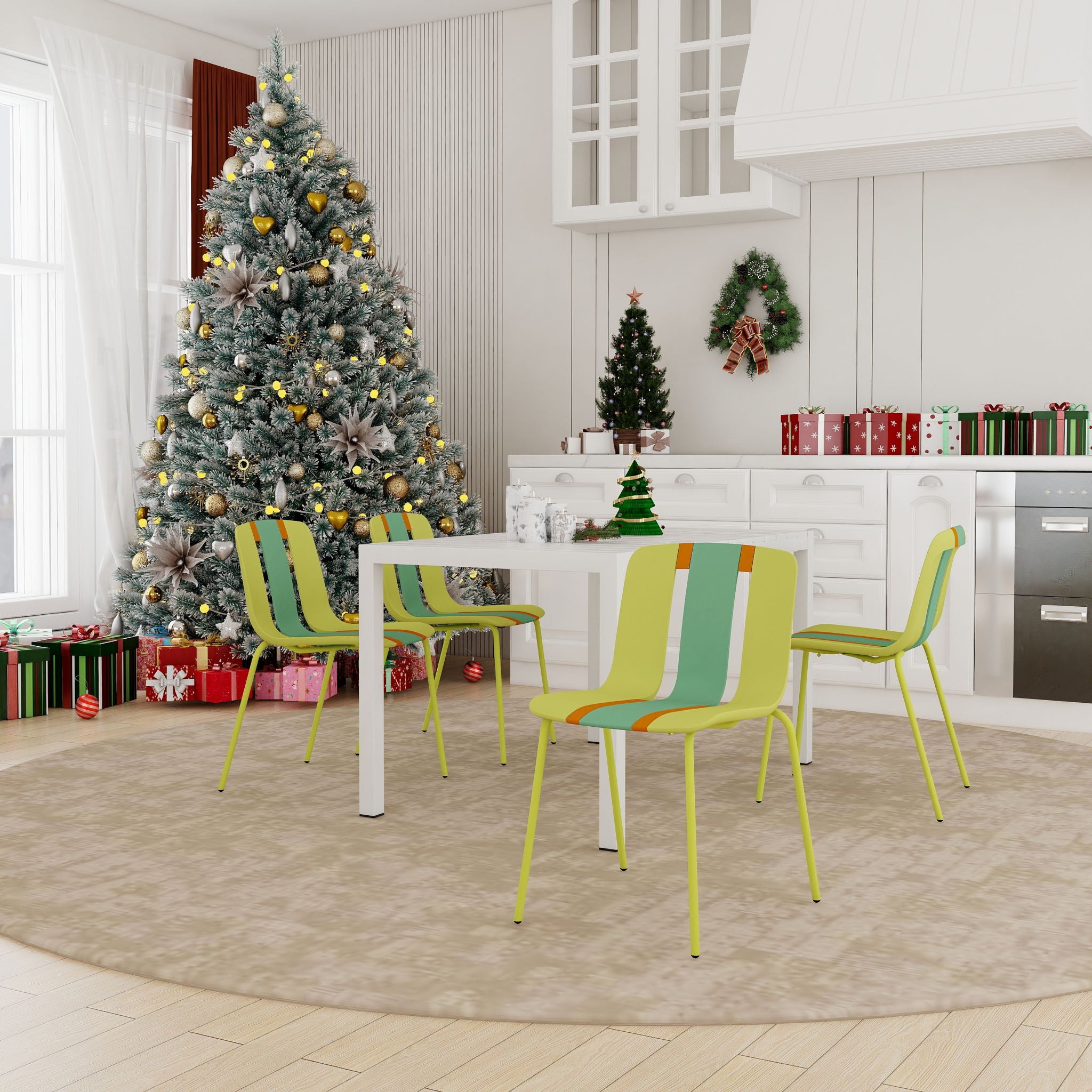 4 Piece Set Of Modern Striped Color- Blocking Single Chairs With Long Table