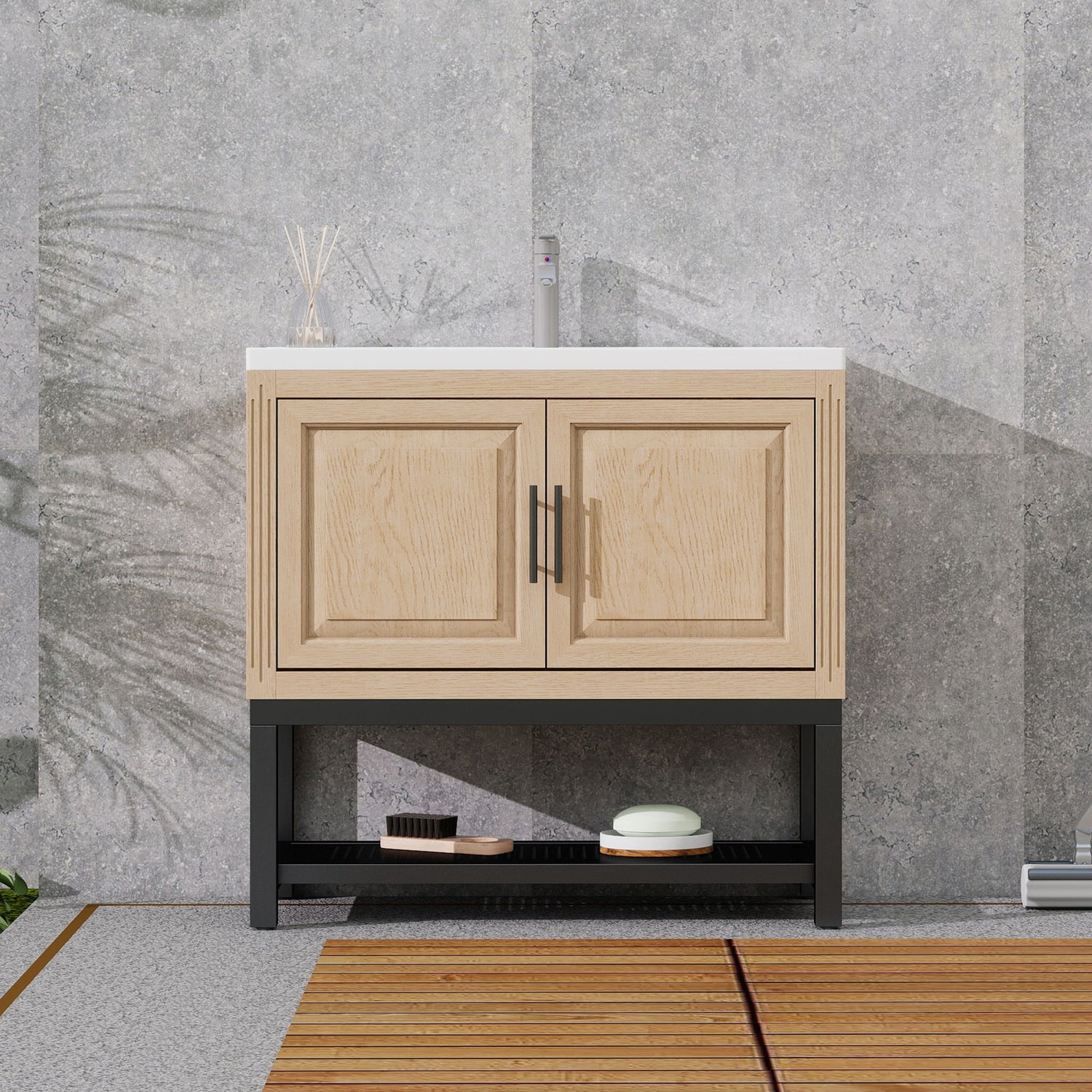 Modern Freestanding Bathroom Vanity With Ceramic Sink, Hot And Cold Faucet, Storage Cabinet &amp; Open Shelf
