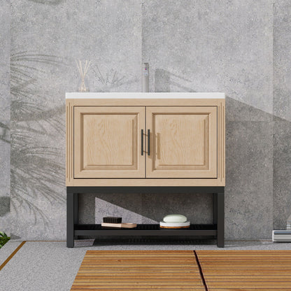 Modern Freestanding Bathroom Vanity With Ceramic Sink, Hot And Cold Faucet, Storage Cabinet &amp; Open Shelf
