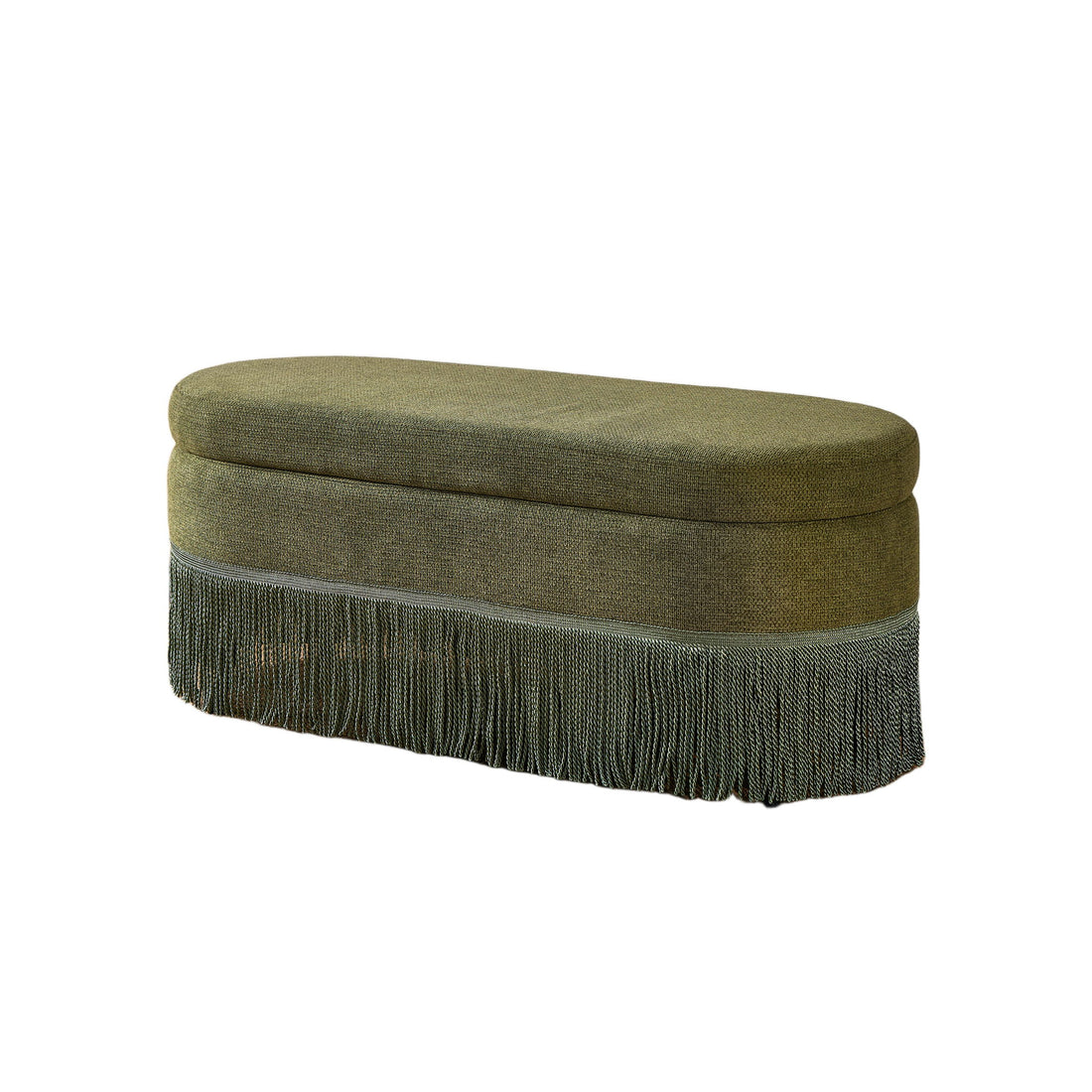 Oval Upholstered Storage Ottoman With Fringe Trim &amp; Lift Top Lid