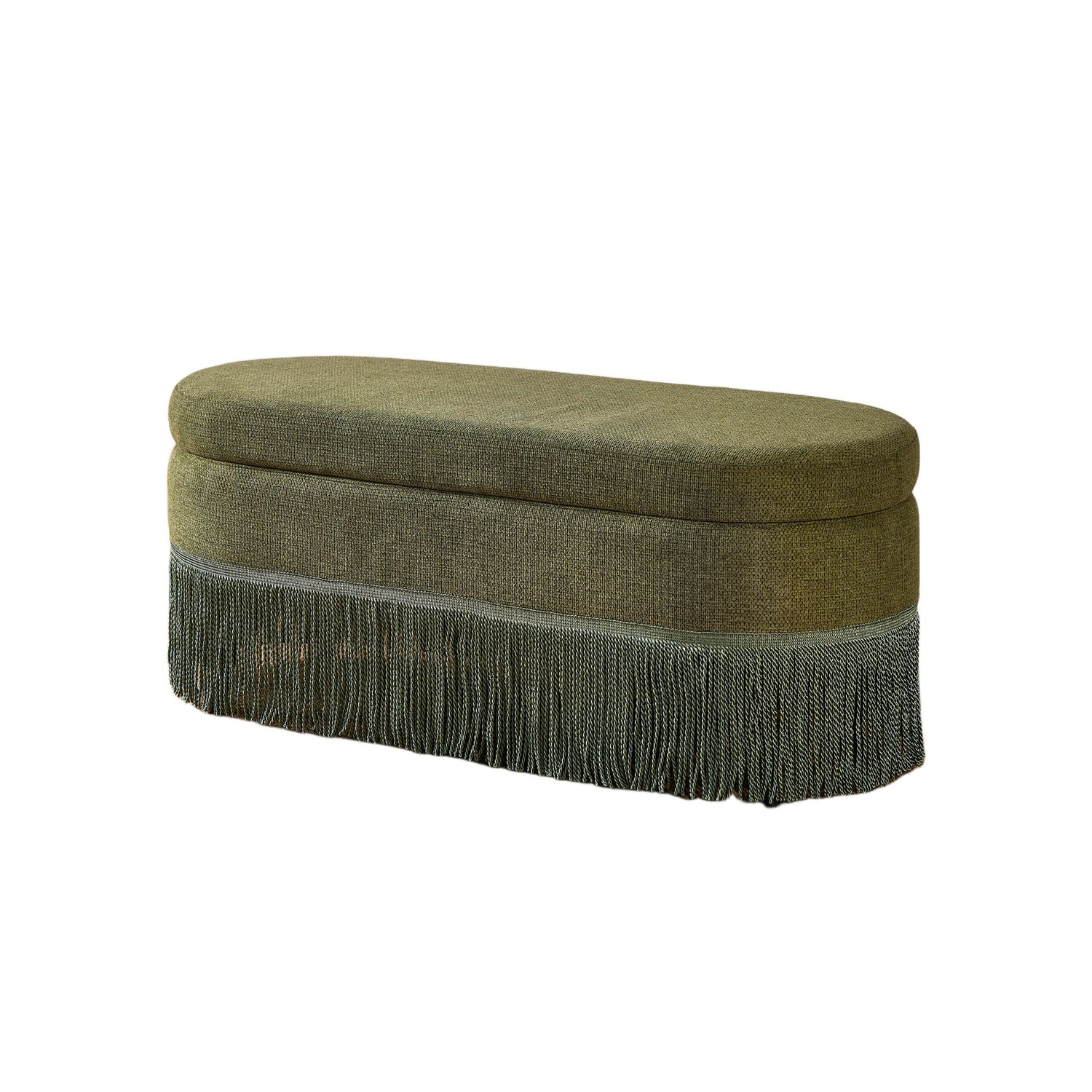 Oval Upholstered Storage Ottoman With Fringe Trim &amp; Lift Top Lid